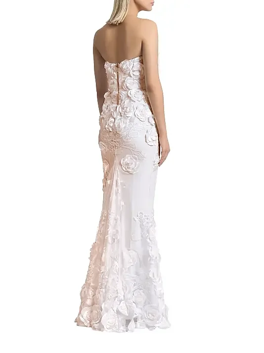 Maßgeschneidertes handgefertigtes bodenlanges Abendkleid mit Blumenmuster im Meerjungfrau-Stil, Partykleid, trägerloses, ärmelloses, weißes Ballkleid für Damen