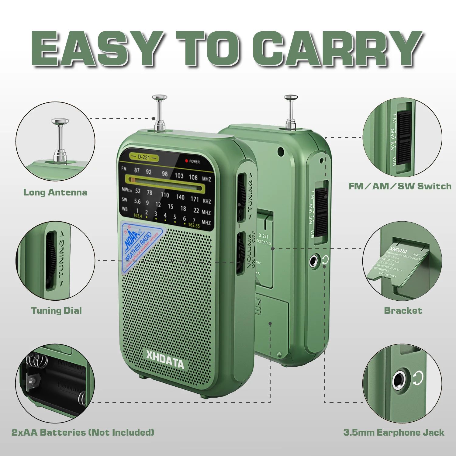 XHDATA D221 NOAA راديو الطقس المحمول AM FM راديو الموجات القصيرة استقبال راديو الترانزستور مع استقبال ممتاز في حالات الطوارئ