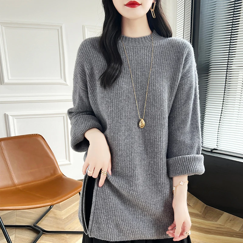 2024 Autumn/Winter Women Loose Sweet Sweaters 100% Wool Knitted Leisure O-neck Long Pullovers Warm Soft Tops