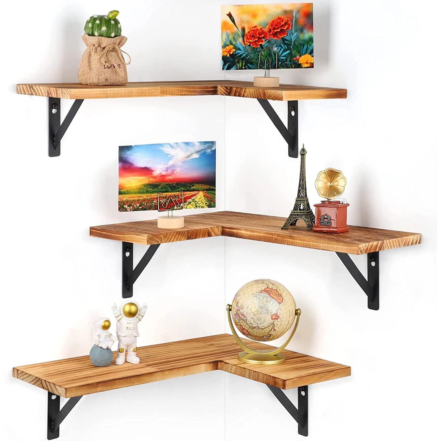 Corner Floating Shelves for Wall Set of 3, Wood Wall Shelves Storage Display Shelf Decor for Bedroom Kitchen Office Living Room