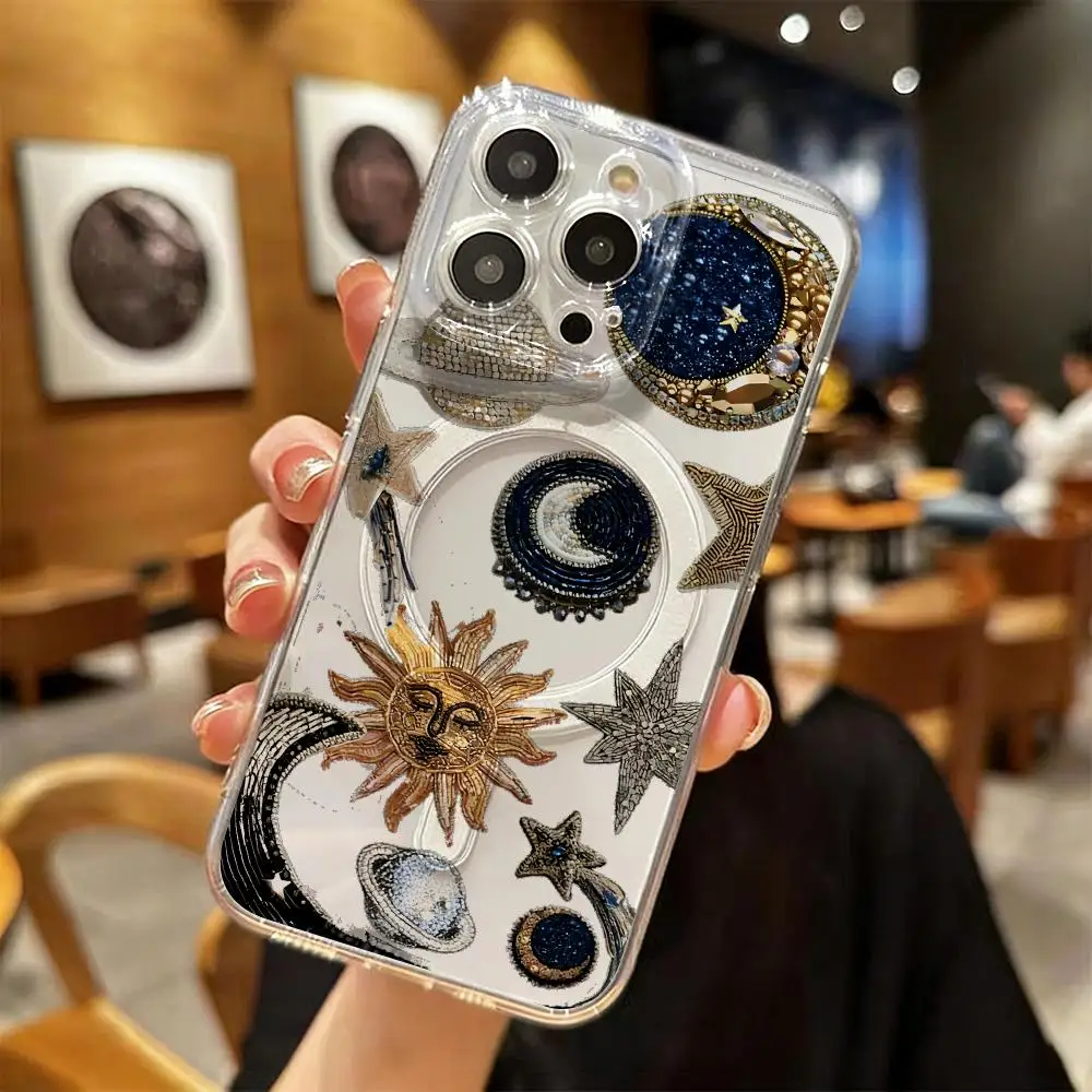 Beaded Celestial Moon Sun Phone Case For IPhone18 17 16 15 14 13 12 Pro Max Plus Magnetic Crystal Clear Case Wireless Charge