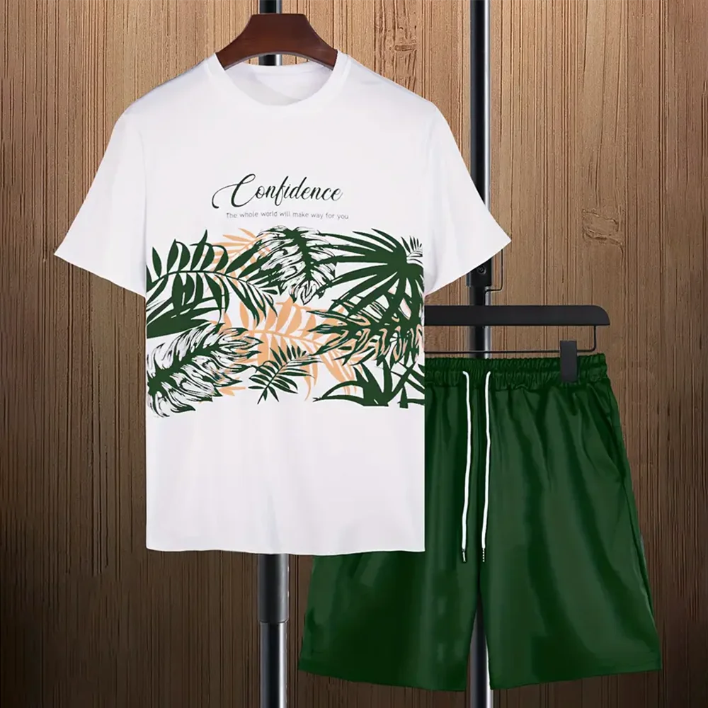 Summer Casual Street Leaf Printed T-shirt Shorts Set Men's Fashion One-piece Suit Men's Fashion Casual Suit Men's Clothing