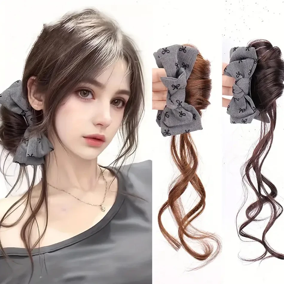 Low Side-Tie Synthetic Claw Clip Ponytail Hair Extensions With Bow Lazy Style Dragon Beard Bun Hairpiece for Women Daily Wear