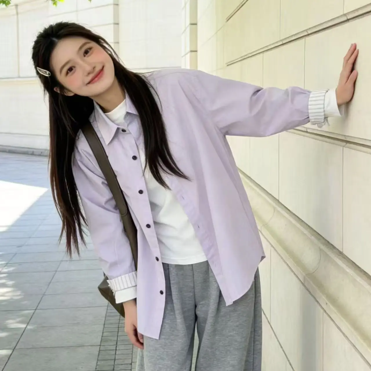 Spring Autumn Korean Style Light Purple Solid Shirt Women Long Sleeve Blouse Casual Streetwear Polo Collar Shirts Female Tops