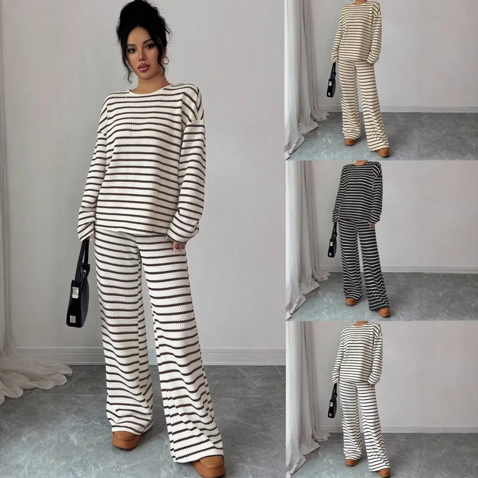 Pant Set Women 2 Piece Sets Full Sleeve Round Neck Shirt Loose Wide Leg Long Pants Work Striped Y2k Streetwear Autumn Winter