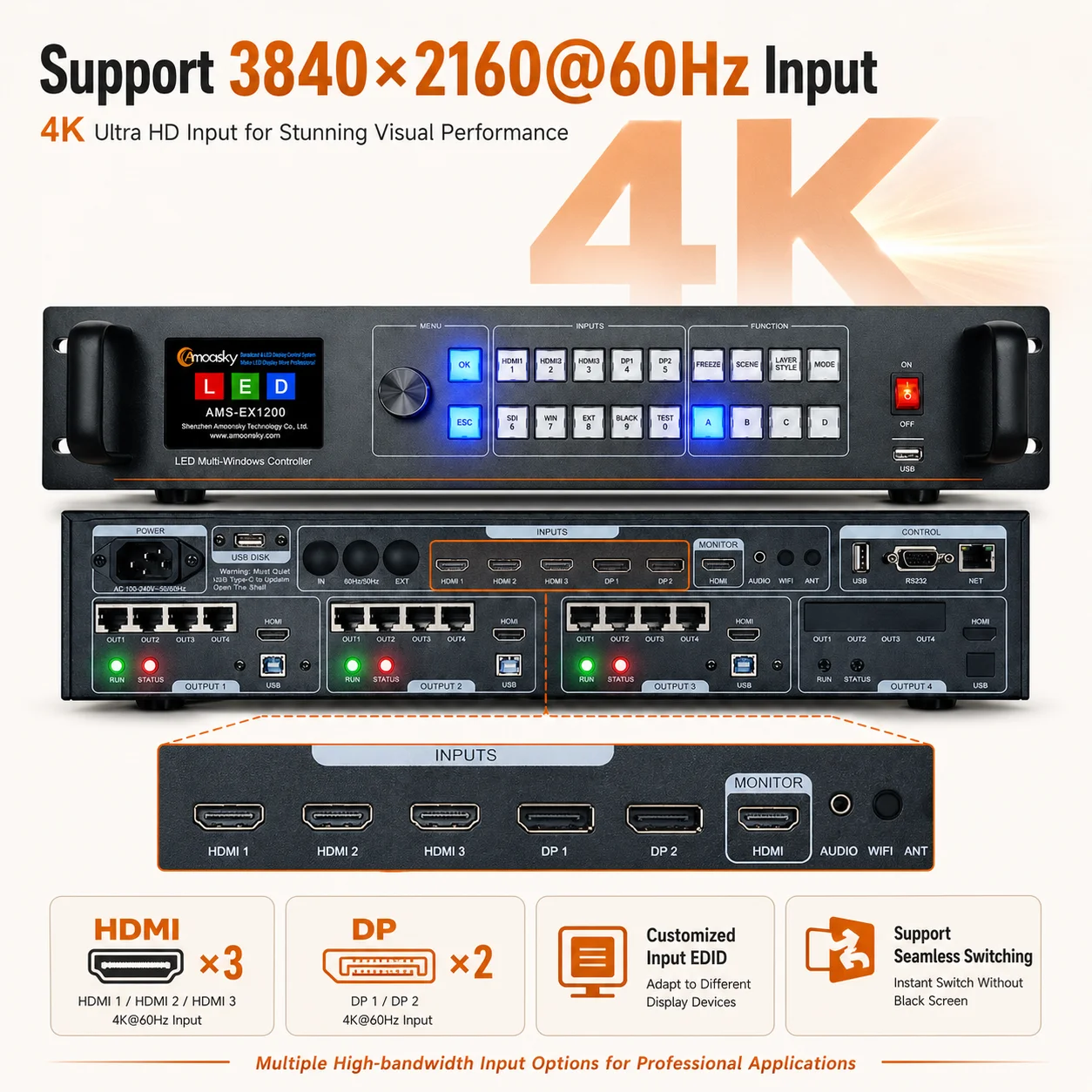 AMS EX1200 Built-in Novastar LED Sending Card MSD600-1 Support Extender 3G 12G SDI Input Loop 4K USB Player