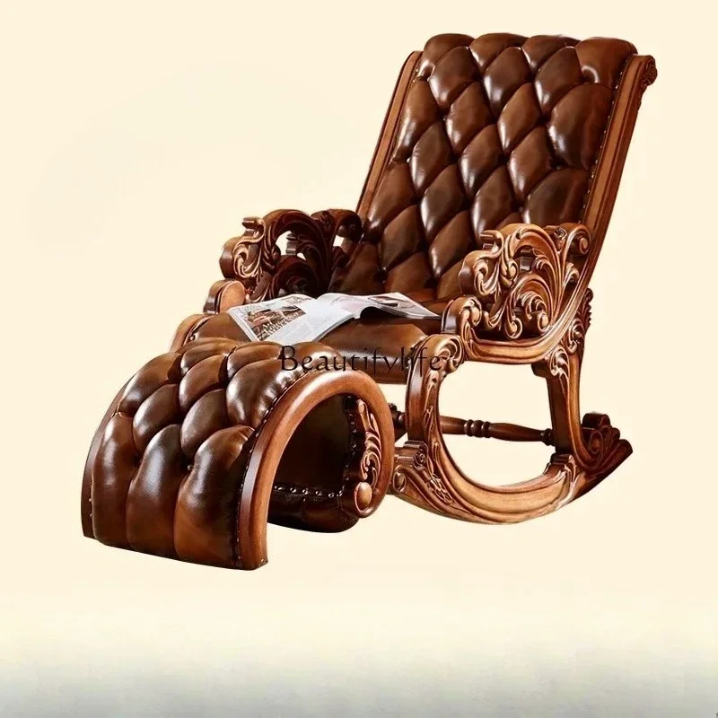 

ls51European leather all solid wood rocking recliner balcony bedroom happy chair sofa home