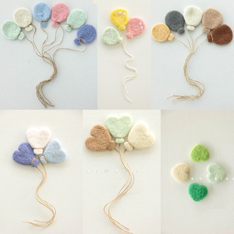 Baby Wool Felt Balloon Prop Handmade Heart DIY Decorations Newborn Photography Accessories Colorful Infant Shoot Felt Props Set