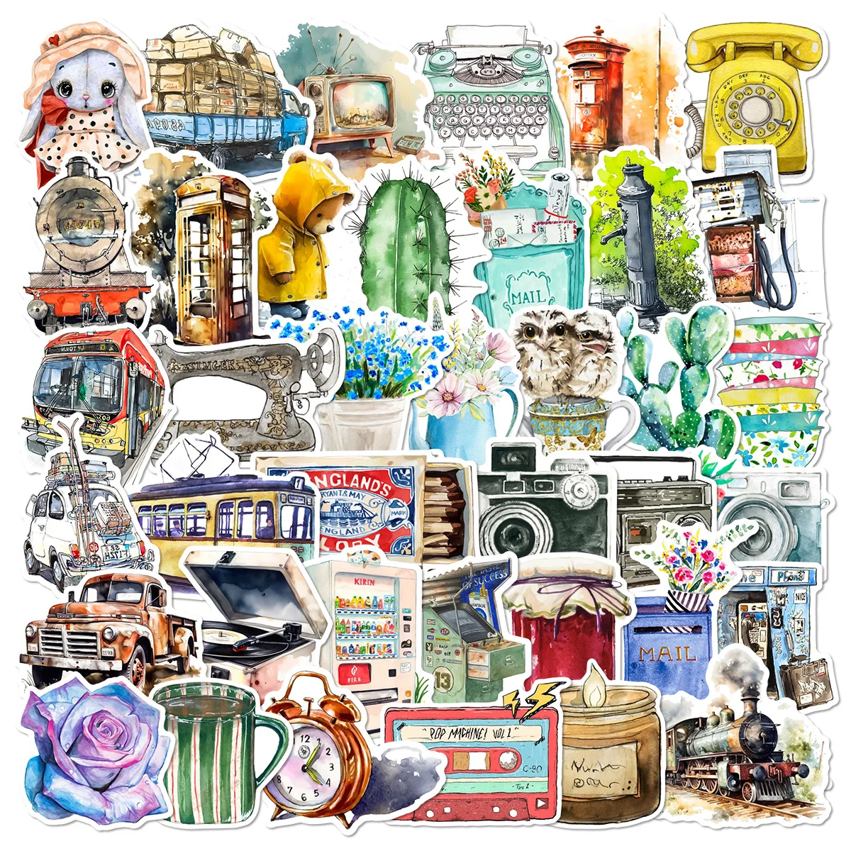 10/50PCS European and American Watercolor Retro Objects Stickers Cartoon Personality Creative Decoration Suitcase Decal Toy
