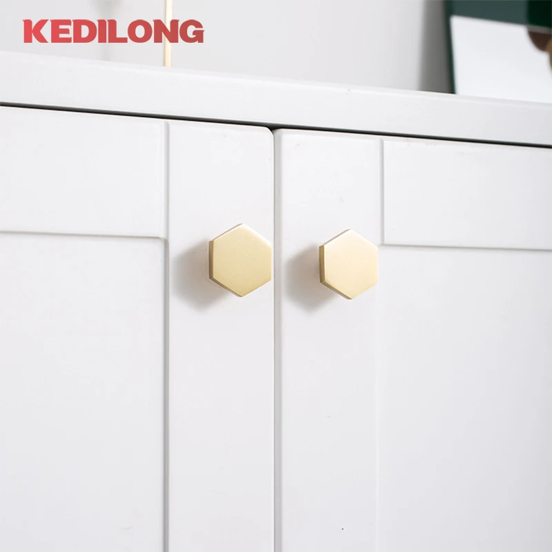 Keblo Modern minimalis kuningan padat heksagonal tarik pegangan kabinet dapur laci pegangan lubang tunggal tombol emas heksagonal