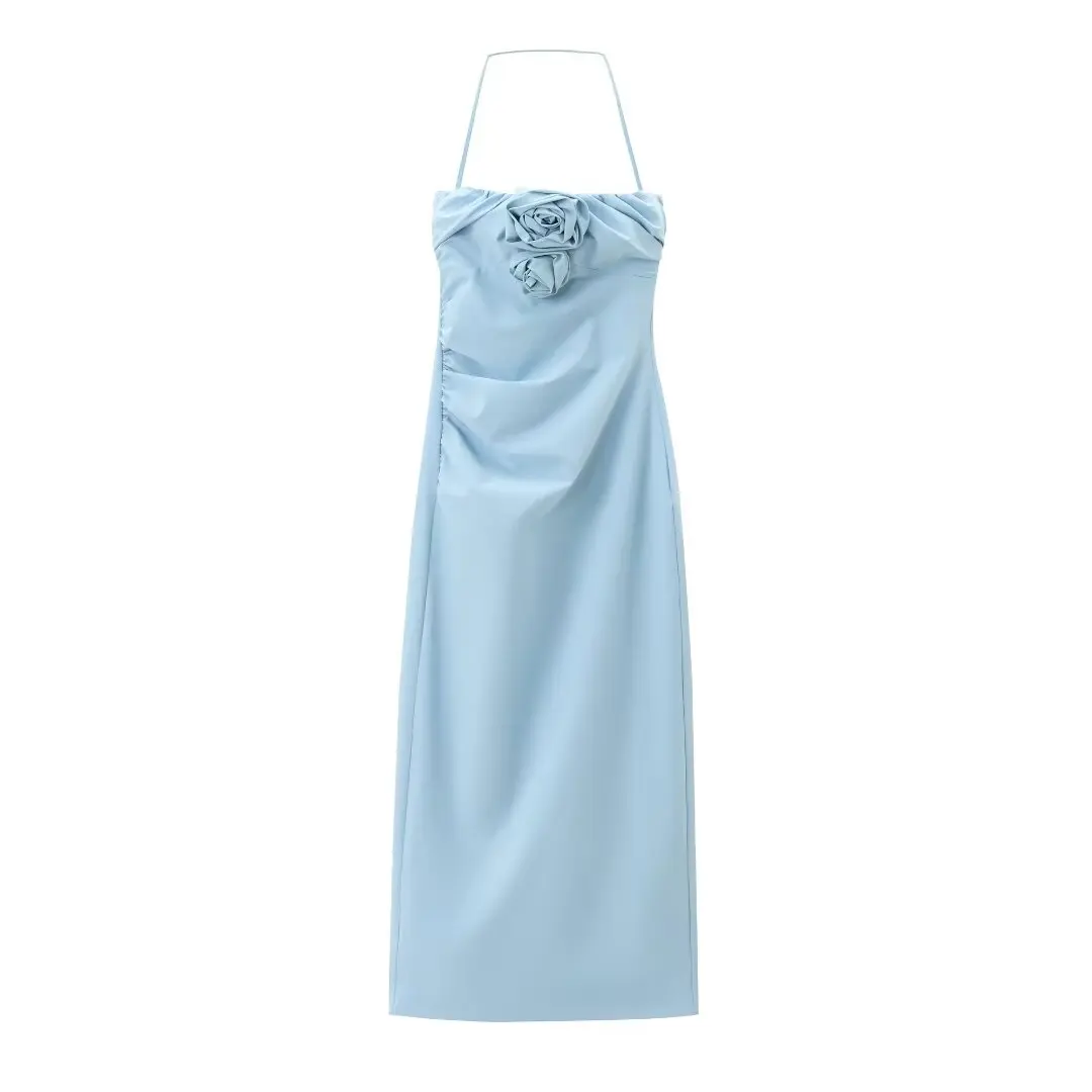 

TRAFZA Woman's Beach Style Long Dress Blue Sleeveless Backless Appliques Decorate Pleated Zipper Summer Dresses Woman Trendy