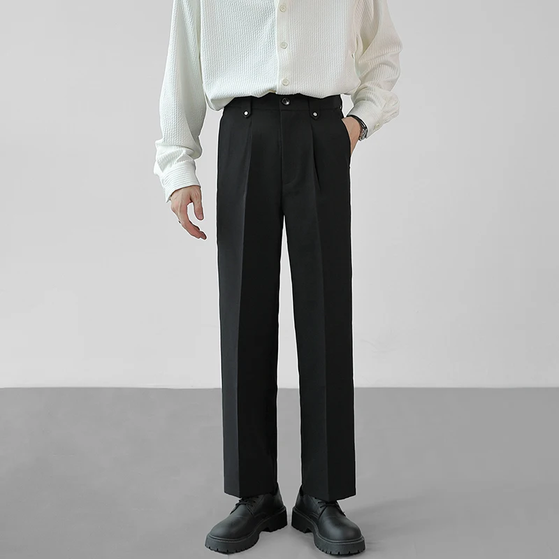 Men\'s summer ice thin business suit pants paired with Japanese and Korean straight leg loose black casual cropped suit pants