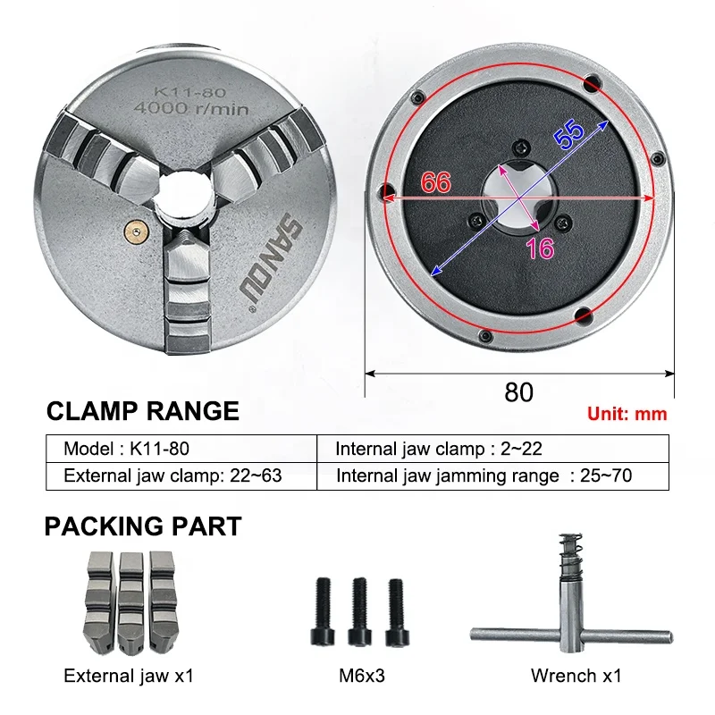 K11-80 80mm Manual 3 Jaw Self-centering Lathe Chuck with Hardened Steel 0.05mm Accuracy for Mini Lathe