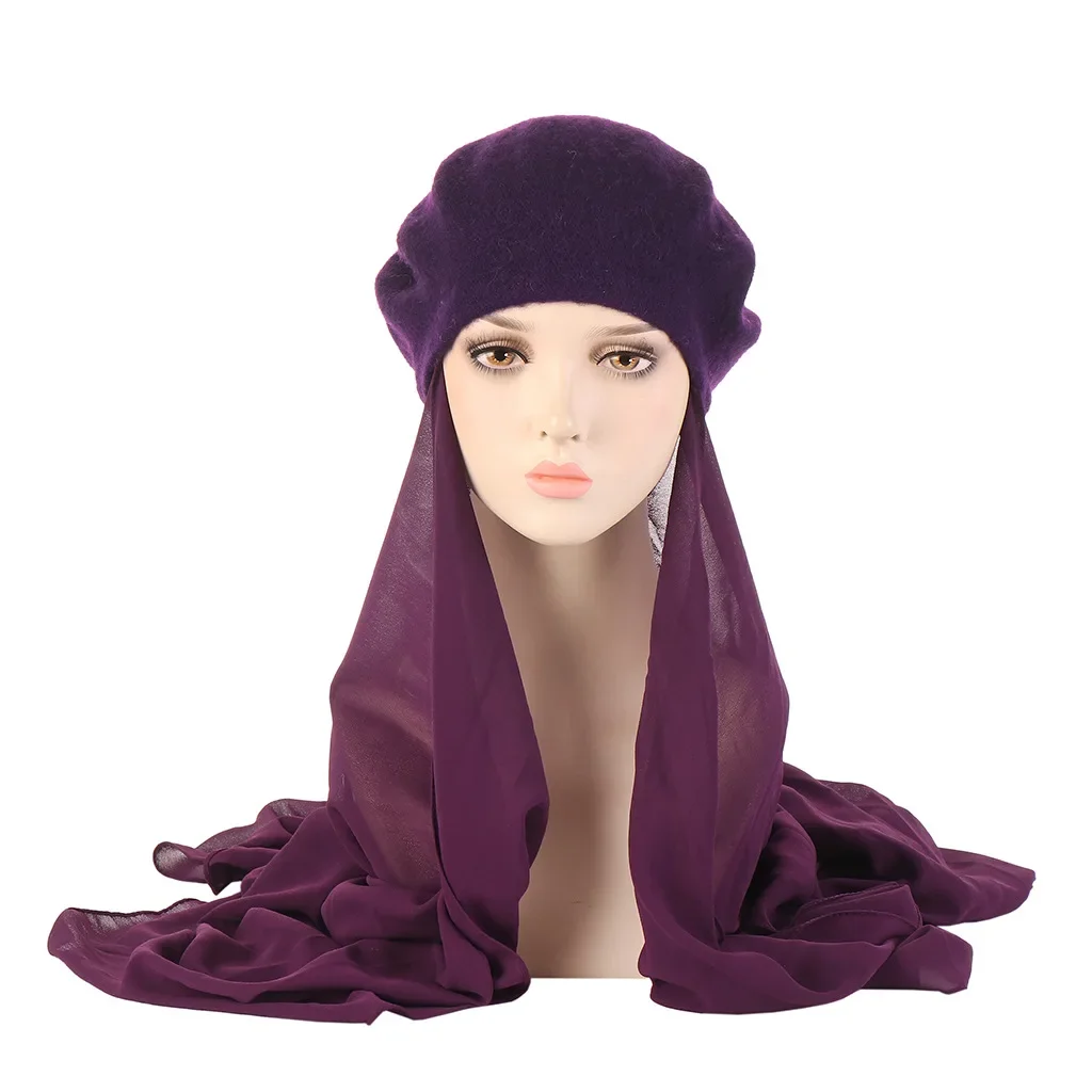 Muslim Women Chiffon Hijab Headscarf With Beret Cap Soft Bonnet Islamic Head Wrap Ready To Wear Instant Caps Turban Headwear