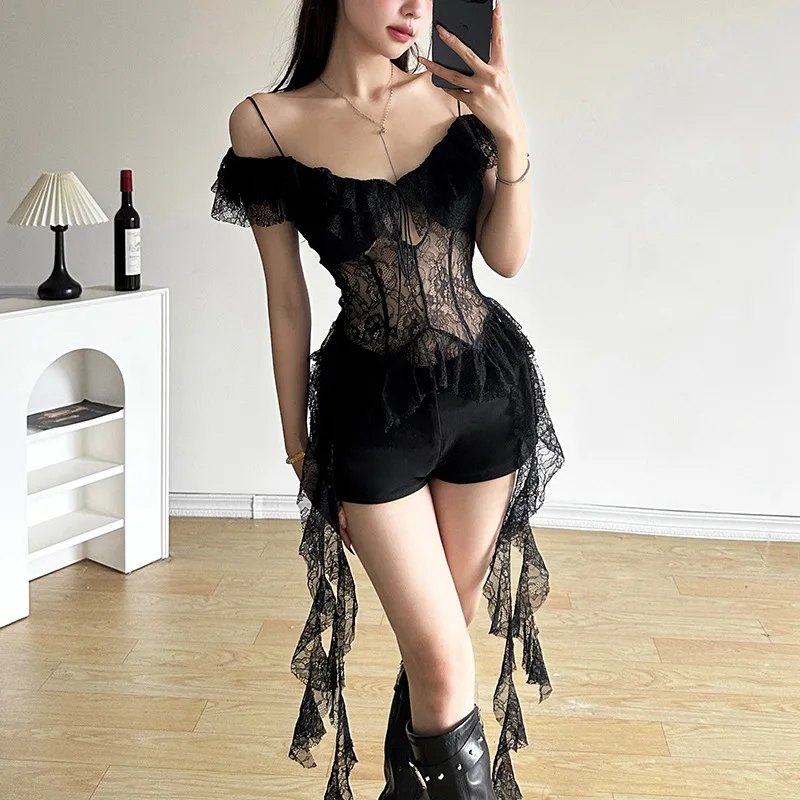 Spring Sexy Women's Solid Color Slim Fit Street Fashion Halter Short-Sleeved Tulle Blouse One-Line Collar Trendy Top for Ladies