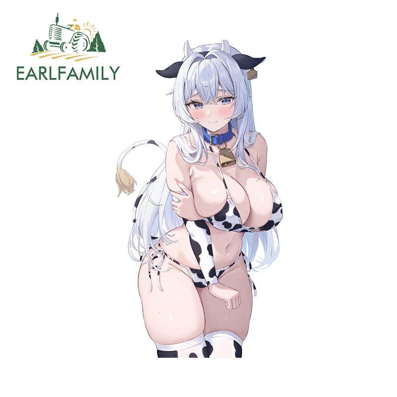 EARLFAMILY For Alluring Cow Girl Wall Stickers Huge Breast Girl Cartoon Design Decals Nice Scratch Proof Car Door Protector