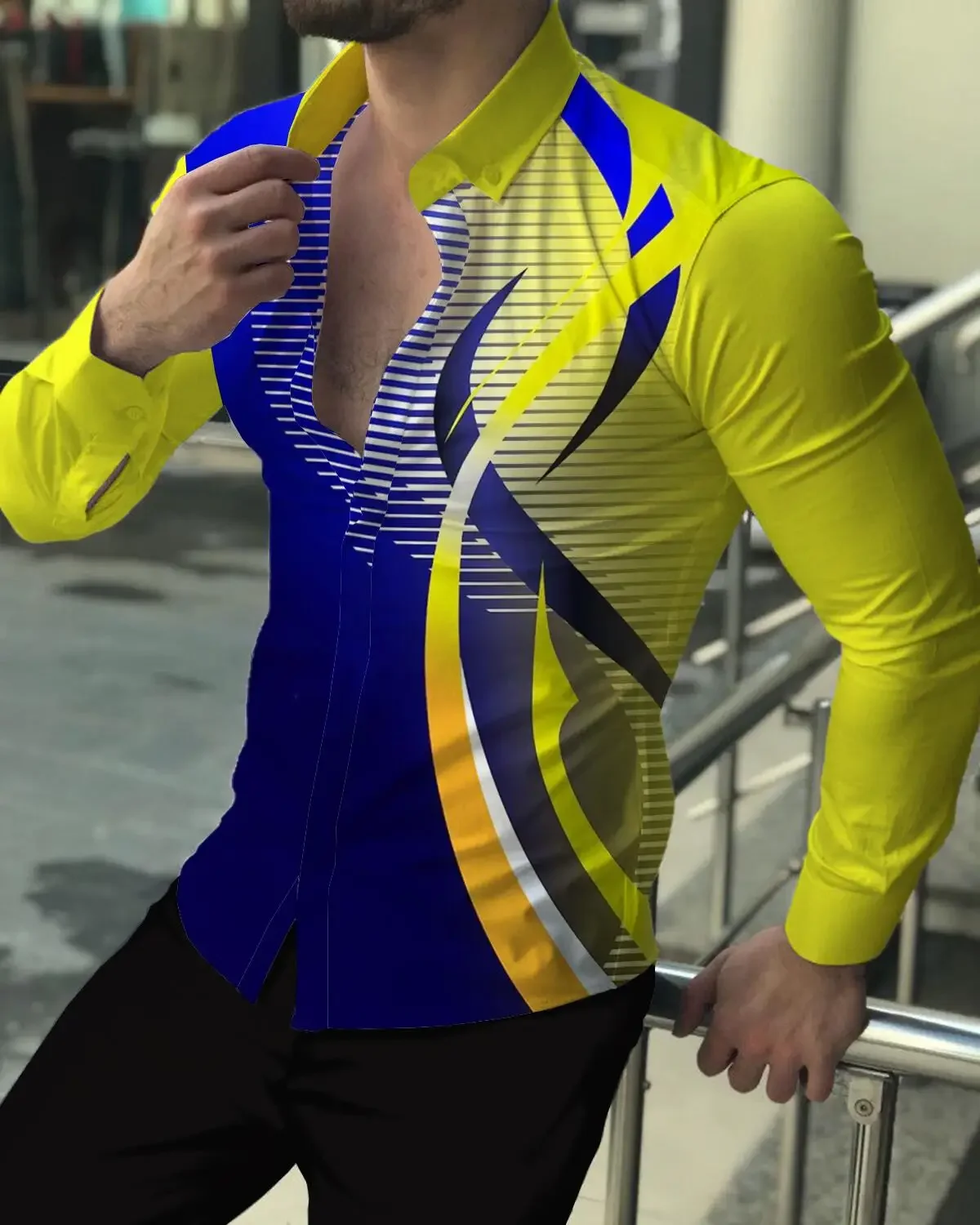 

Men's Geometric Texture 3D Printing Fashionable Casual Long-sleeved Lapel Button Shirt Men's Slim Fit Simple Business Party Top