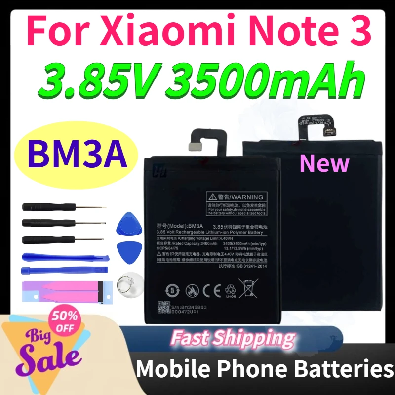 Brand New BM3A 3.85V 3500mAh Mobile Phone Batteries for Xiaomi Note 3 Replacement High-Quality Persistent Standby +Free Tools