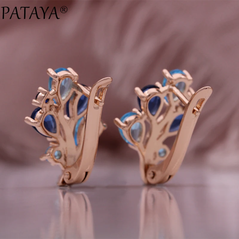 PATAYA Blue Leaf Shaped Micro Zirconia Earrings Ring Fashion Set 585 Rose Gold Color Jewelry Daily Fine Women\'s Set