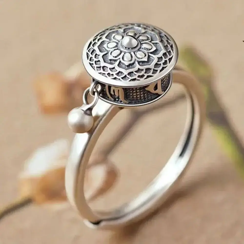 Tibetan Rotatable Spinner Ring Open Adjustable Vintage Ring Flower Ethnic Style Fidget Jewelry Men