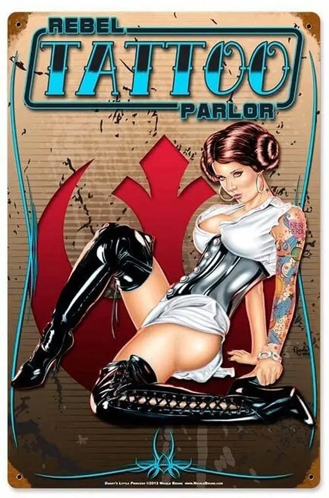 Rebel Tattoo Parlor Sexy Beauty Pinup Girl Retro Tin Sign Metal Plaque Decoration Home Man Cave Club Bar Coffee Shop Garage And
