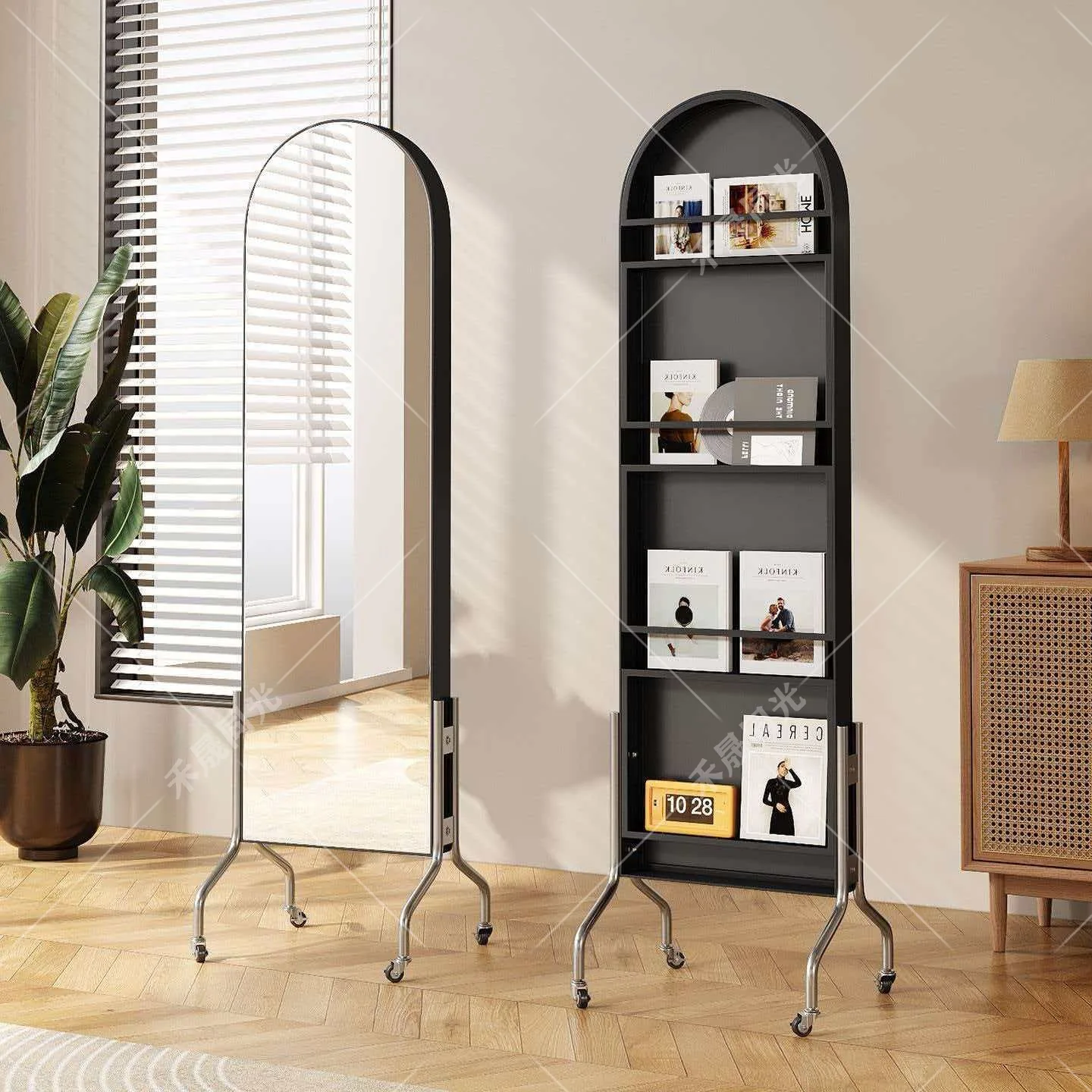 Movable rotating full-body mirror with magazine rack medium antique multi-functional floor retro mirror