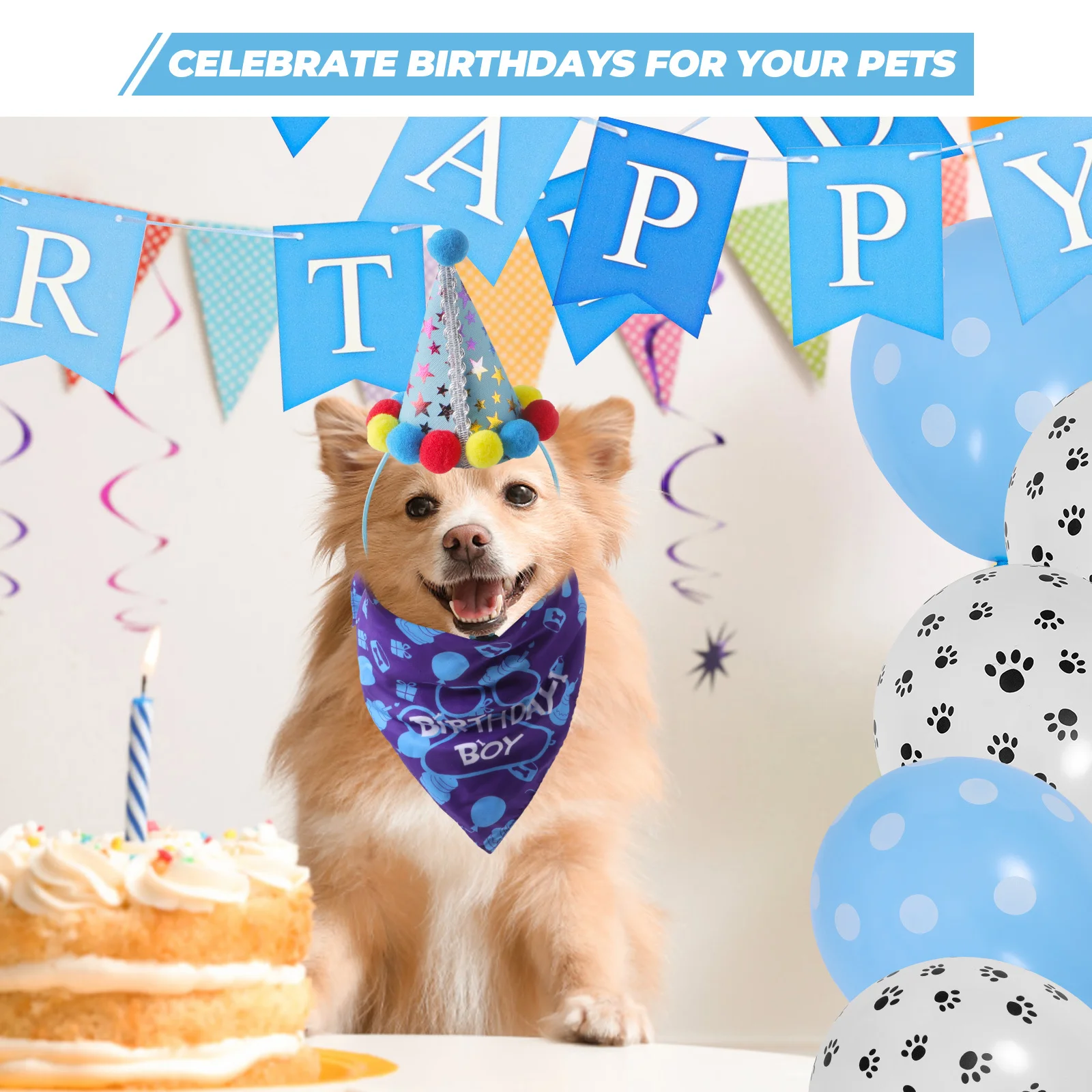 1 Zestaw Urodzinowy Kapelusz dla Zwierząt, Muszka, Śliniak na Imprezę dla Psa, Dekoracje, Ozdoba na Uroczystość dla Szczeniaka, Wielofunkcyjny Kostium
