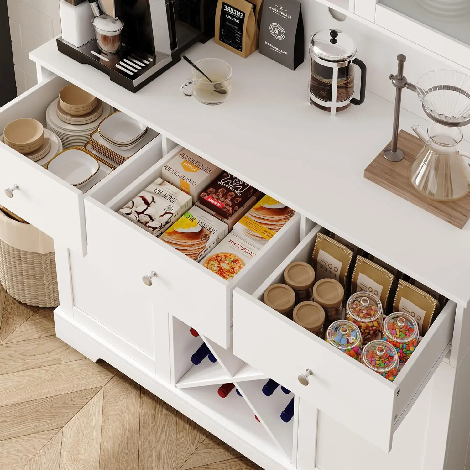 Armoire de rangement pour garde-manger de cuisine avec portes battantes, Clapier de cuisine moderne avec support pour micro-ondes, Garde-manger pour aliments, empilage de salle de bain, 68 po de haut