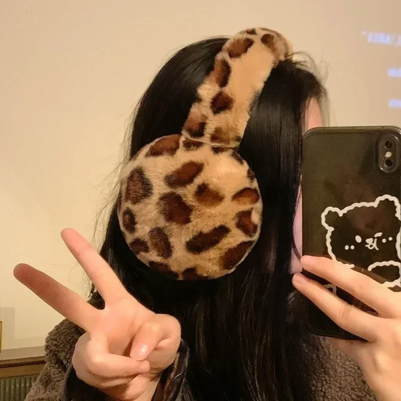 Women Fur Leopard Earmuffs Winter Thickened Warm Y2k Japanese JK Women Ear Cover Protection Cycling Earbags Y2k Accessories