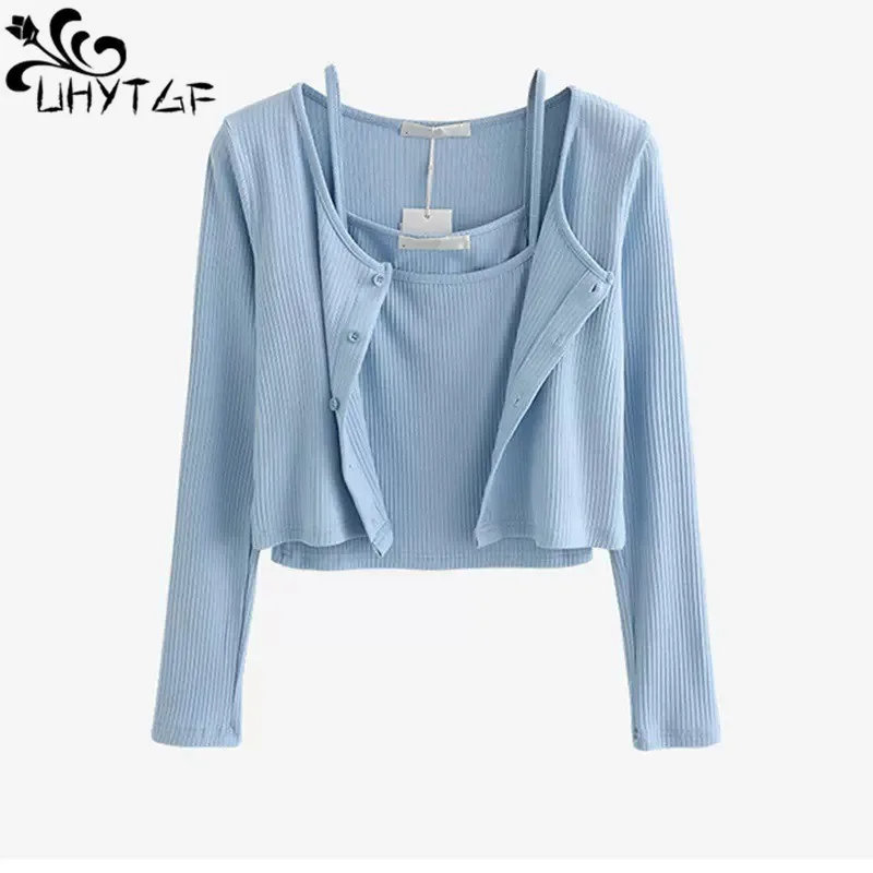 

UHYTGF Ice Silk Knit Cardigan+Suspender Sweater Women Summer Two-Piece Set Ladies Short Tops Shawl Thin Sweater Coat Female 2470