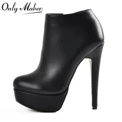 Onlymaker Platform Ankle Booties Black Women's  Sexy High Heel Side Zipper Stiletto Flock Plus Size Boots Shoes