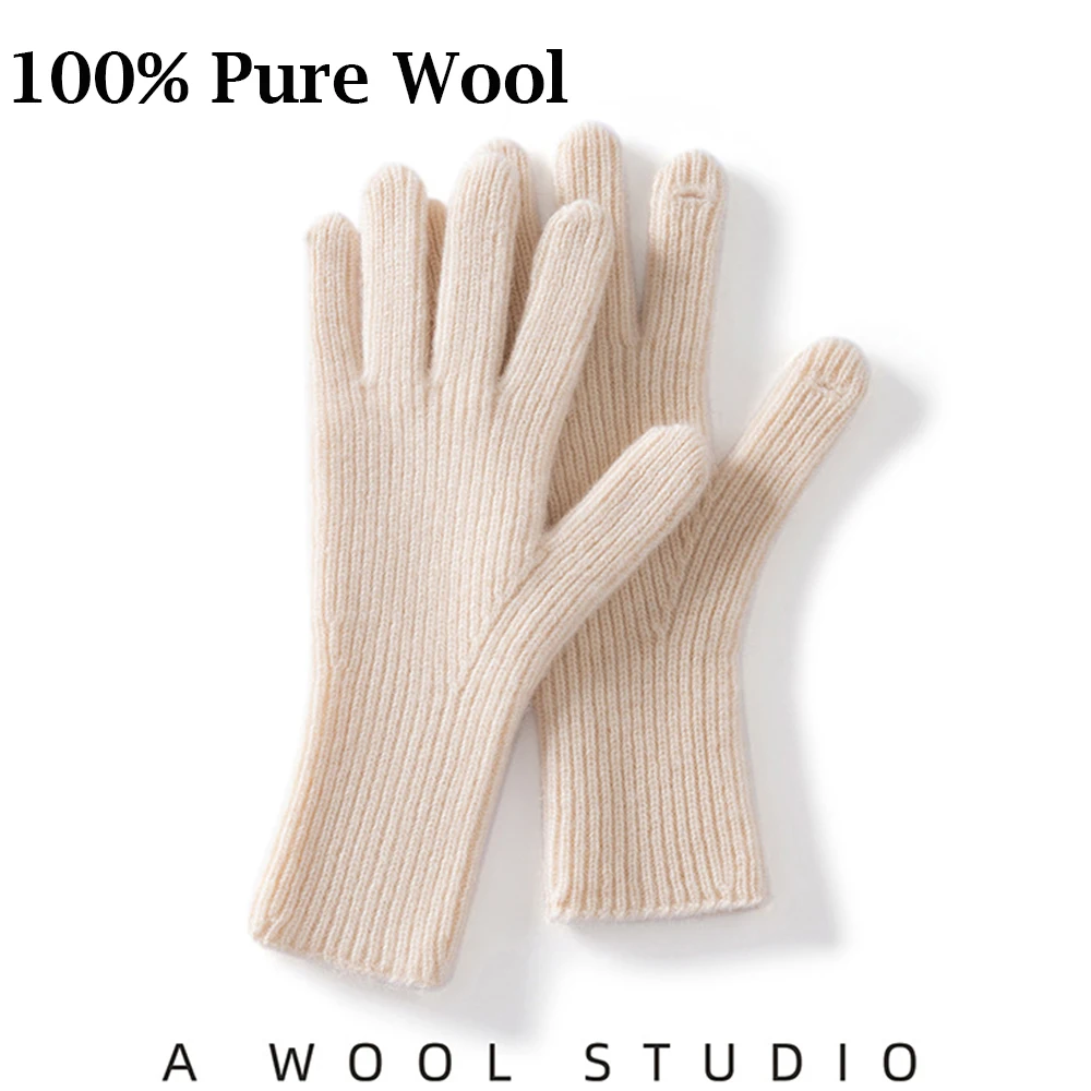 2026 Women's Wool Gloves Winter 100% Wool Knitted Mittens Classic Design Long Wrist Black Red Woolen Cashmere Adult Gloves 1Pair