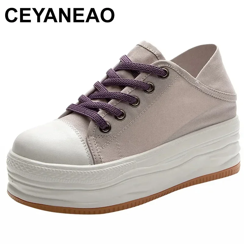 

8cm Canvas Genuine Leather Women Platform Shoes Wedge Sneakers Hidden Heel Slipper Summer Shoes Female Zapatillas De Mujer