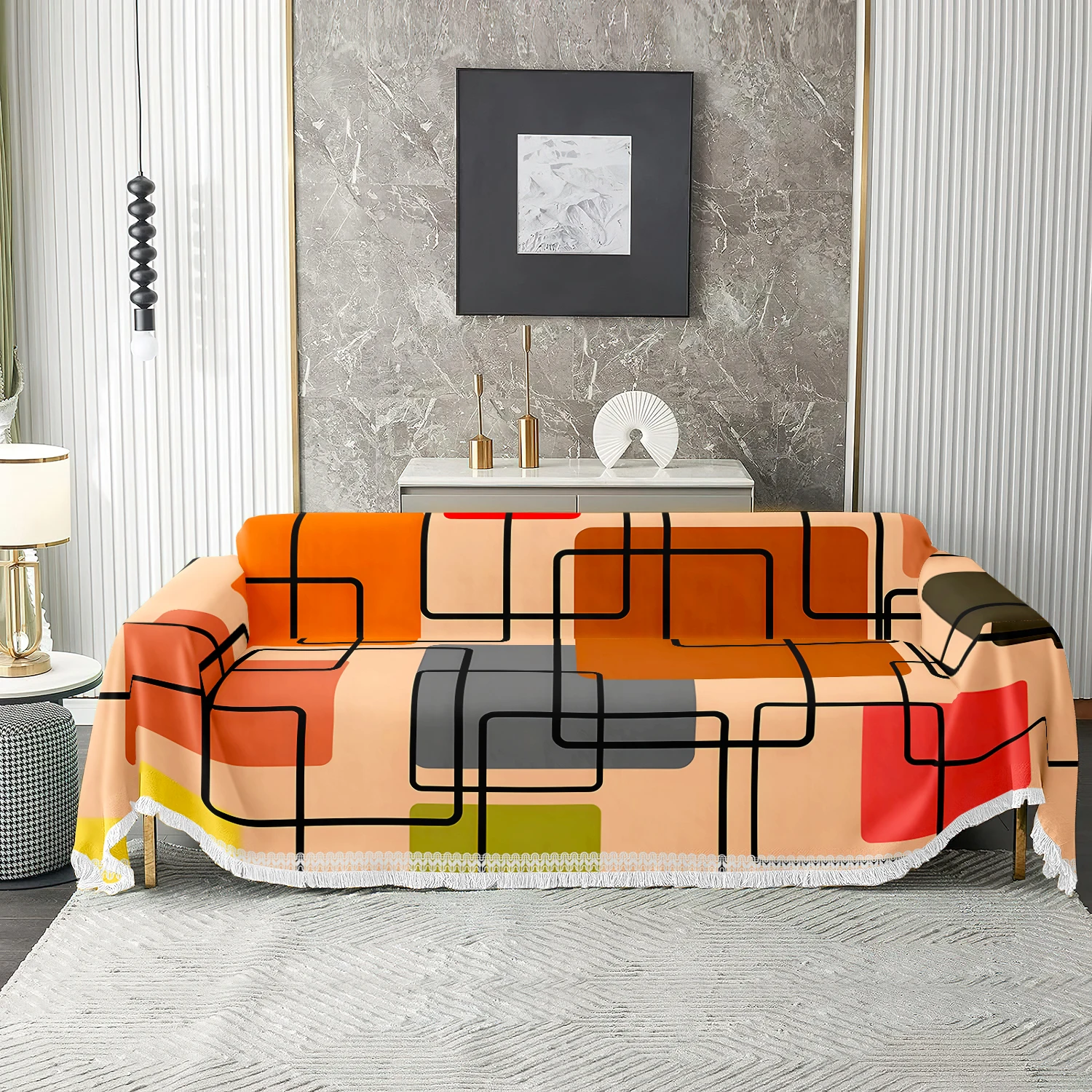 1pc Geometric Line Art Sofa Cover, Mid-Century Modern Couch Throw, Soft Washable Protector with Tassels