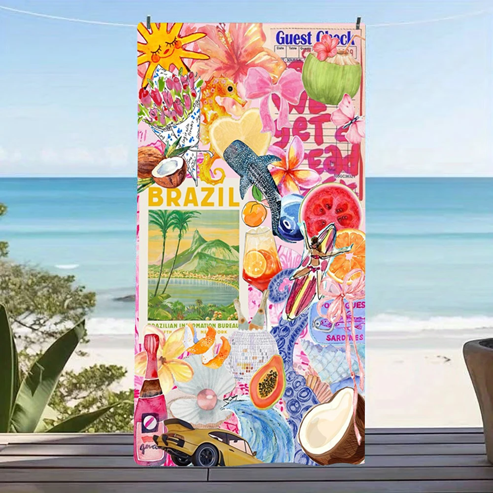 Tropical Fruit Colorful Town Ibiza Collage Beach Towel For Bright Bohemian Seaside Vacation Bath Towel