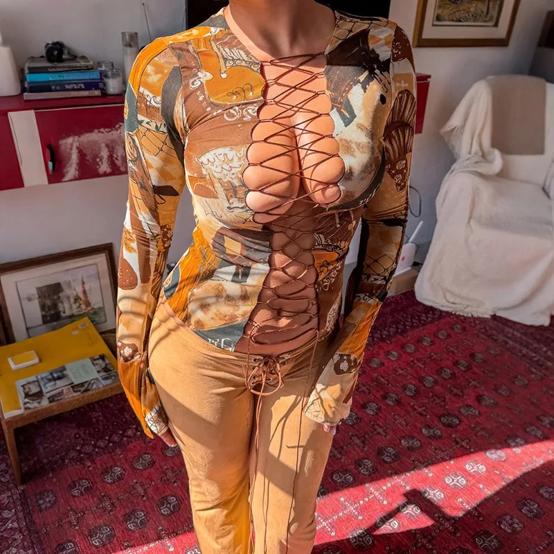 Mesh Open Front Cardigan & Long Sleeve T-shirt, Abstract Print Tie Detail for Women, Autumn Winter Sexy Top Set