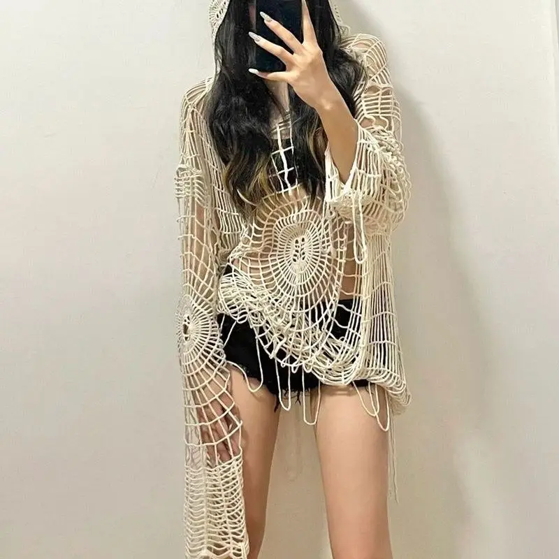 

Hollow Hooded Knitted Spider Web Pullover Women's Oversized Loose and Sexy Ripped Top Street Wear Beach Style Knitted Sweater