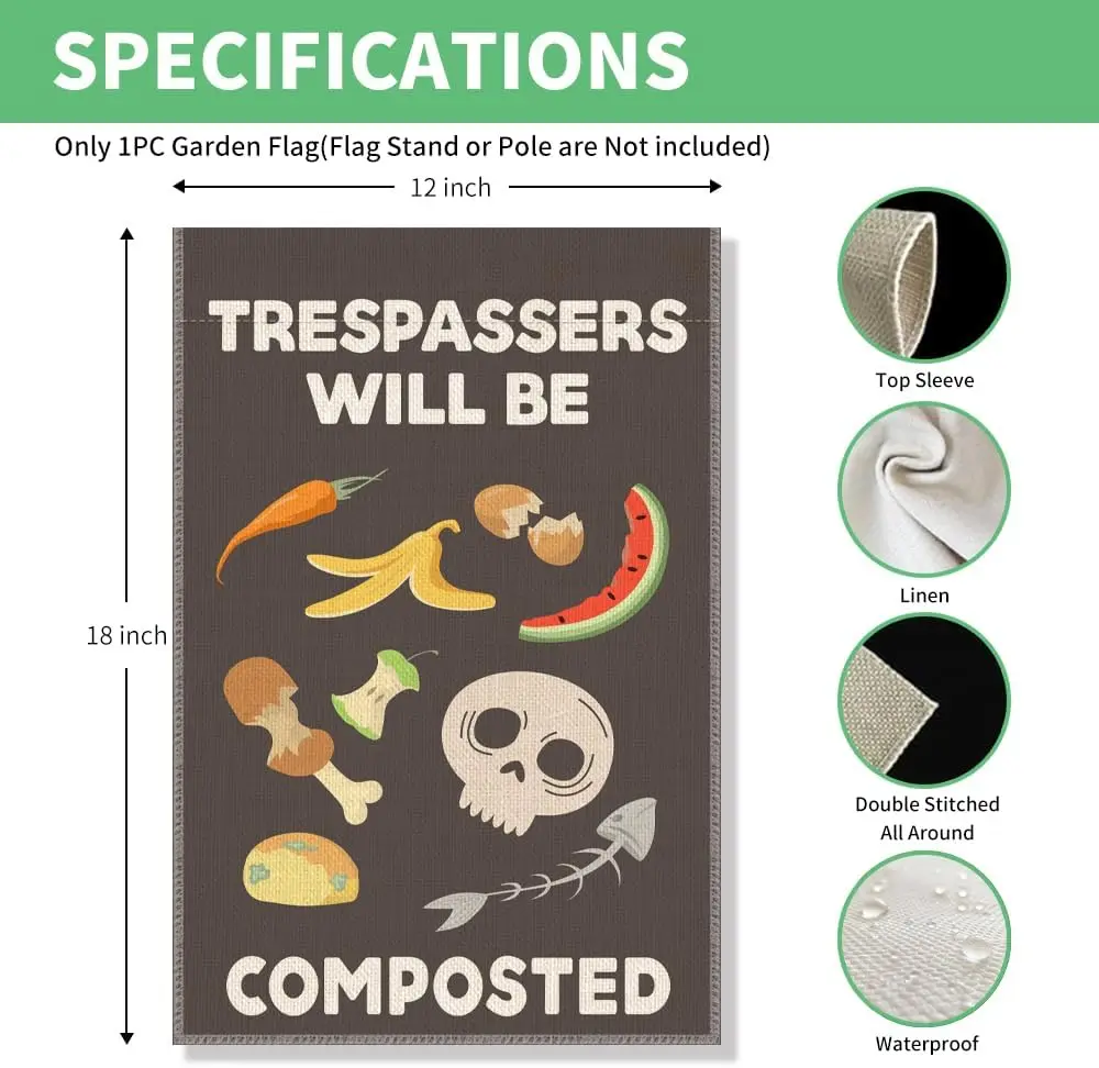 Perfectinsoy Trespassers Will Be Composted Garden Flag, Funny Skull Yard Banner, Warning Sign Outdoor Yard Flag, House Farmh EEZ