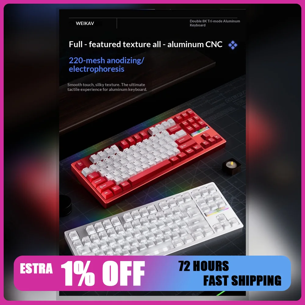 Teclado Mecânico WEIKAV NUT65 Transparente Tri-Modo de Alumínio Hot-Swappable RGB Para Presentes