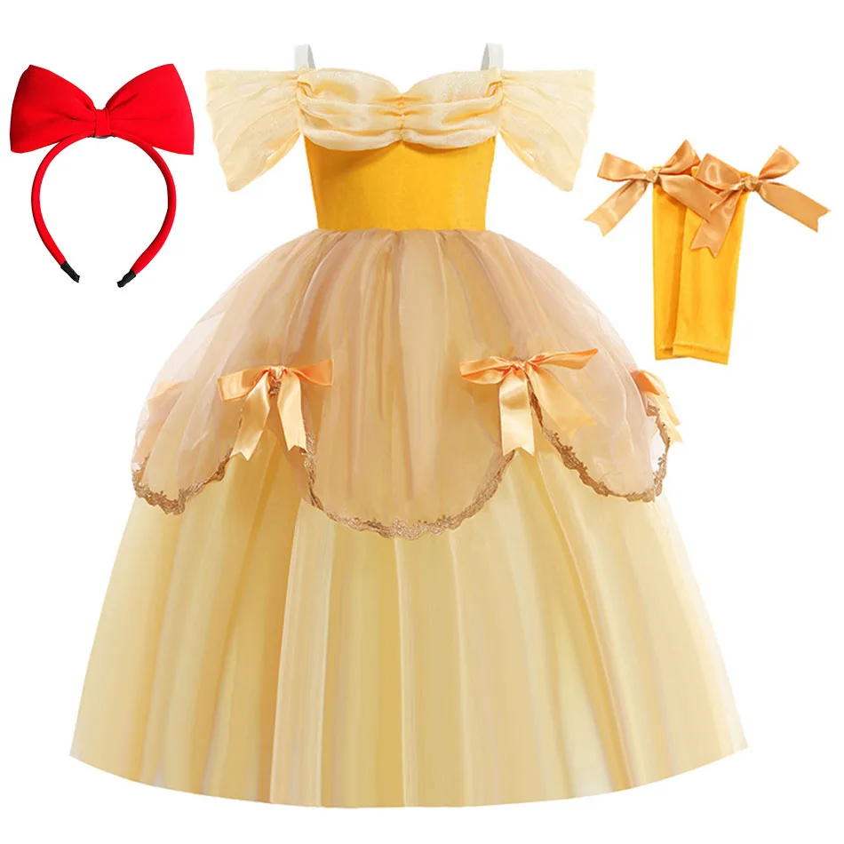 Kids Deluxe Belle Fantasy Girls Performance Bowknot Princess Dress Children Cosplay Halloween Party Clothes Anna Wedding Costume