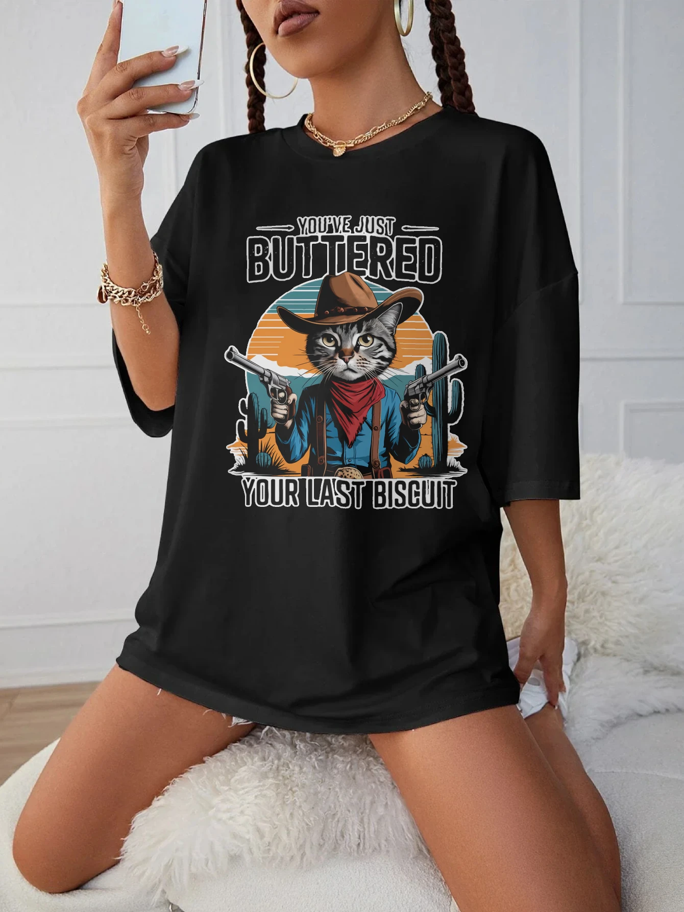 

You've just buttered Women’s Black Round Neck T-Shirt Soft and Comfortable Plus Size Autumn Clothes Halloween Holiday Outfits