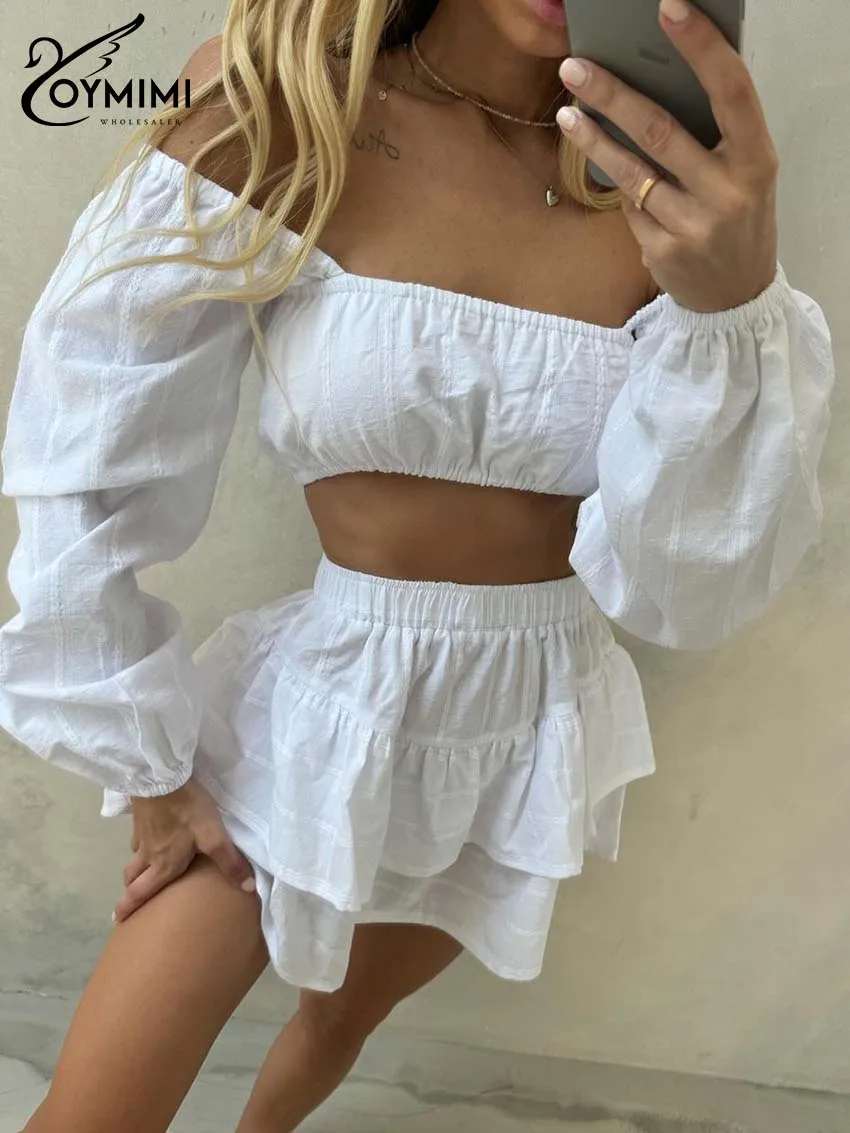 

Oymimi Fashion White Cotton Womens 2 Piece Outfit Set Elegant Strapless Long Sleeve Crop Tops And High Waist Pleated Skirts Sets