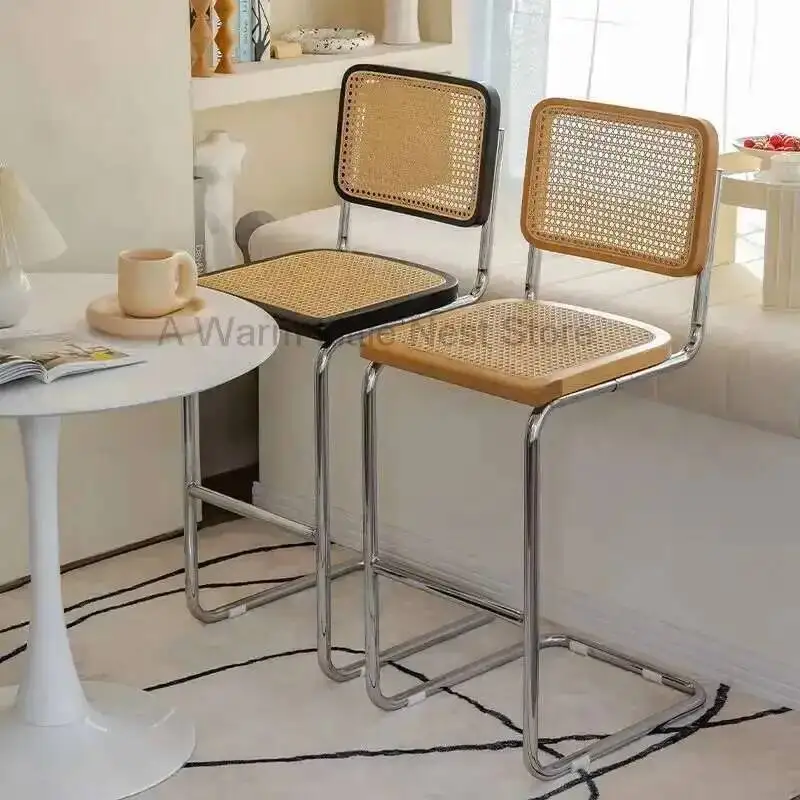 

Home Chair Nordic Bar Wood Solid Rattan High Stool Simple Retro Bar Chair Front Desk High Chair Furniture