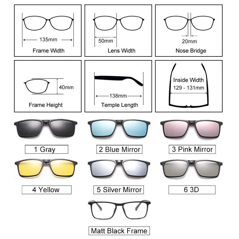 Ralferty 6 In 1 Magnet Sunglasses Men Polarized Clip On Glasses Women Square Prescription Optic Frames 3D Yellow Oculos A2249