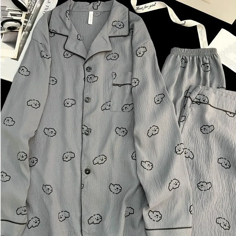 بيجامات رجالية غير رسمية مطبوعة على شكل كلب مقاس كبير بنطلون أساسي بأكمام طويلة ملابس نوم رجالية كبيرة الحجم طقم بيجامات جديد لخريف وشتاء 2025