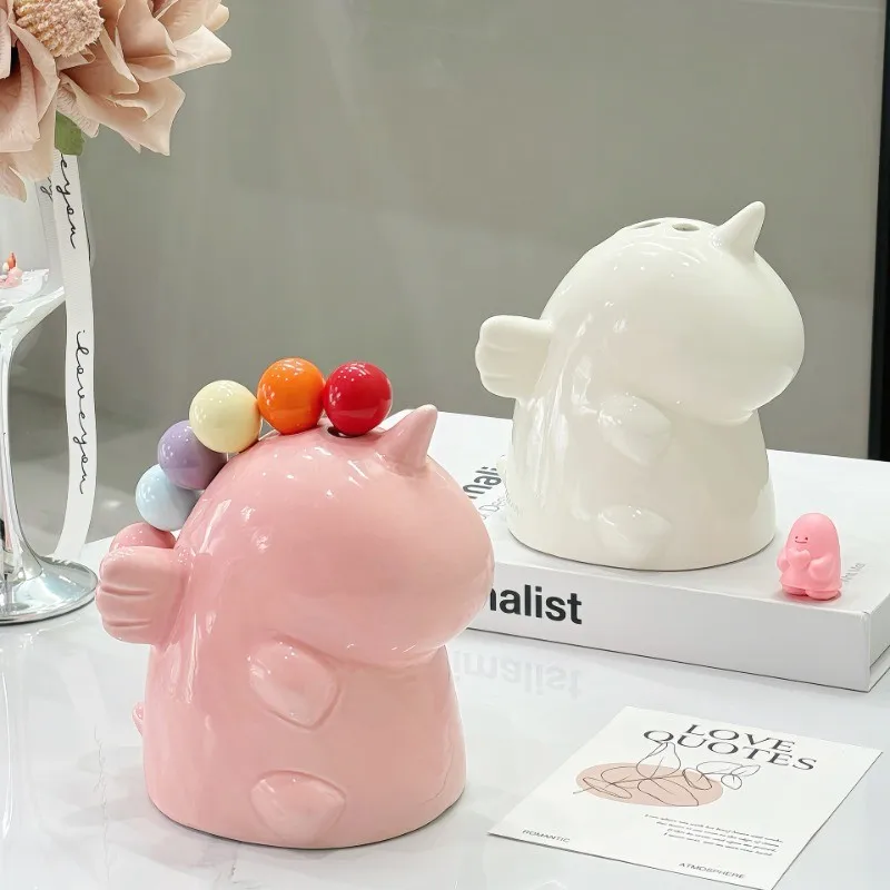 

Unique Ceramic Storage Can with 6 Fruit Forks Stainless Steel Set Cute for Children High-end Table Home Decoration