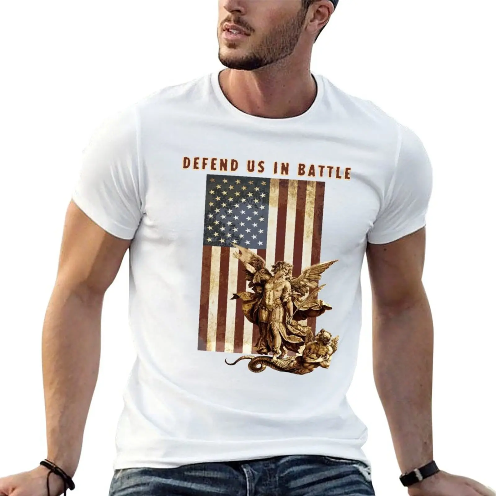 

St Michael the Archangel Angel Catholic Saint United States Flag US T-Shirt man t shirt cotton T-Shirt