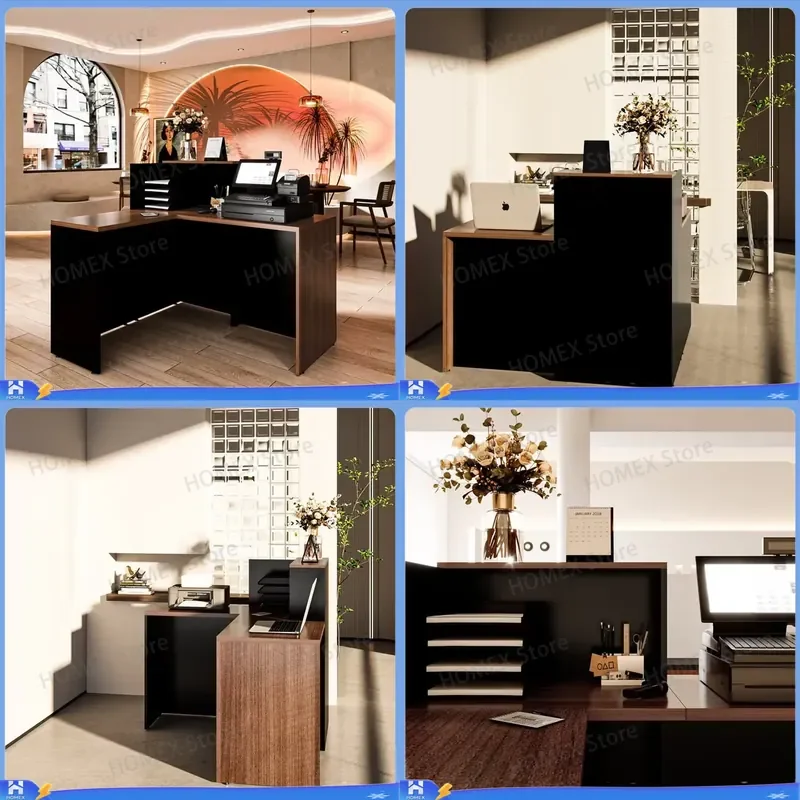 Modern L Shaped Wooden Reception Desk MFC Panels Eco Friendly Customizable Size Color for Hotel Mall Office Front Counter