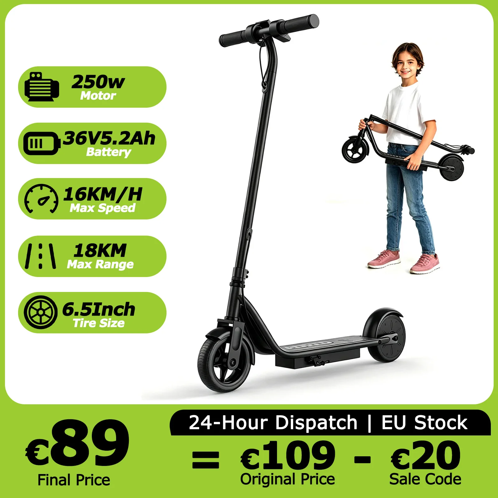 Image of AOVOPRO KIDO K65 Elektroroller für Kinder 250W 18KM Reichweite 16KM/H Doppelbremse 6,5 Zoll E-Scooter Sicheres Geburtstagsgeschenk für Kinder Jungen und Mädchen