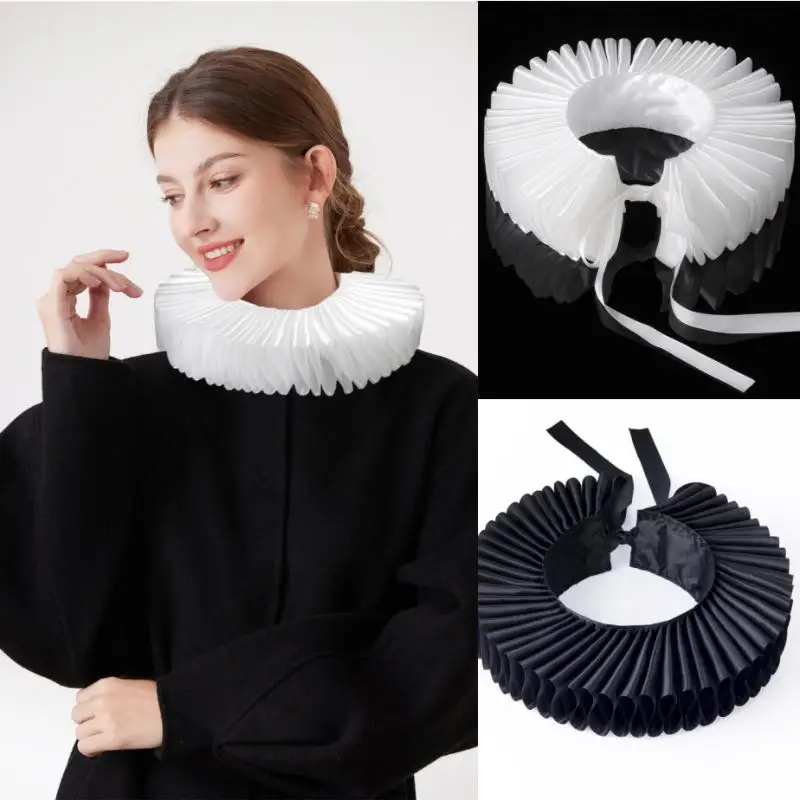 

Для женщин и девочек викторианский Ренессанс елизаветинский воротник с рюшами на шее, атласный клоун, косплей, колье с рюшами, Хэллоуин, сценический костюм